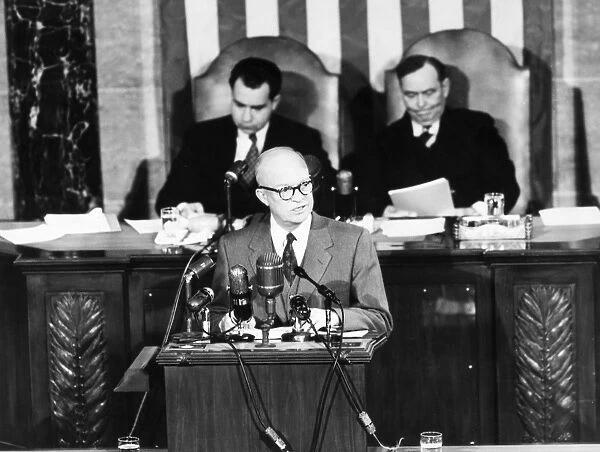 (1890-1969). 34th President of the United States. Eisenhower addressing a joint session of Congress with his Vice President Richard Nixon behind him on the left, 1953