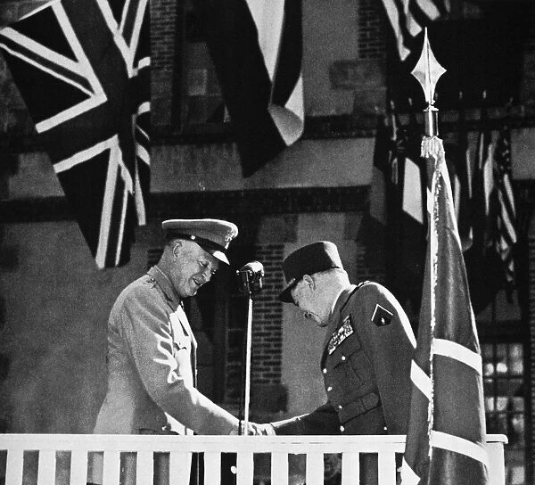 (1890-1969). 34th President of the United States. Eisenhower (left) bidding farewell to French General Alphonse Juin when stepping down as Supreme Commander of NATO, May 1952, at NATO headquarters in Fontainebleau, France