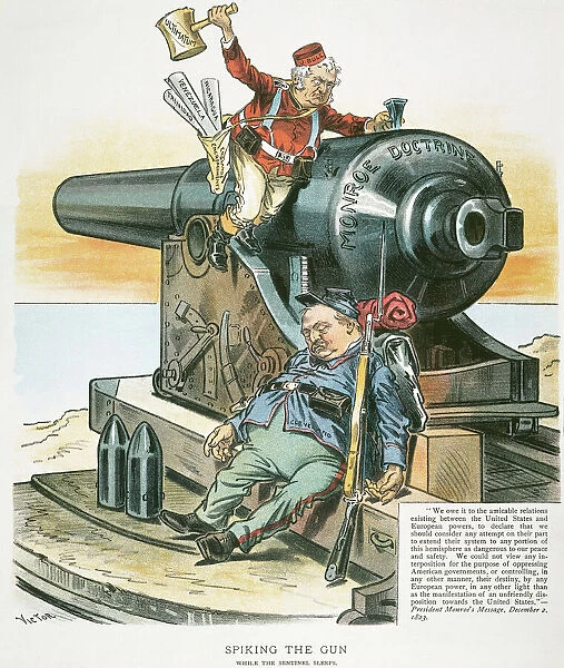 An 1895 American cartoon by F. Victor Gillam suggesting that the Cleveland administration was inattentive to British encroachment during the Venezuelan Boundary Dispute