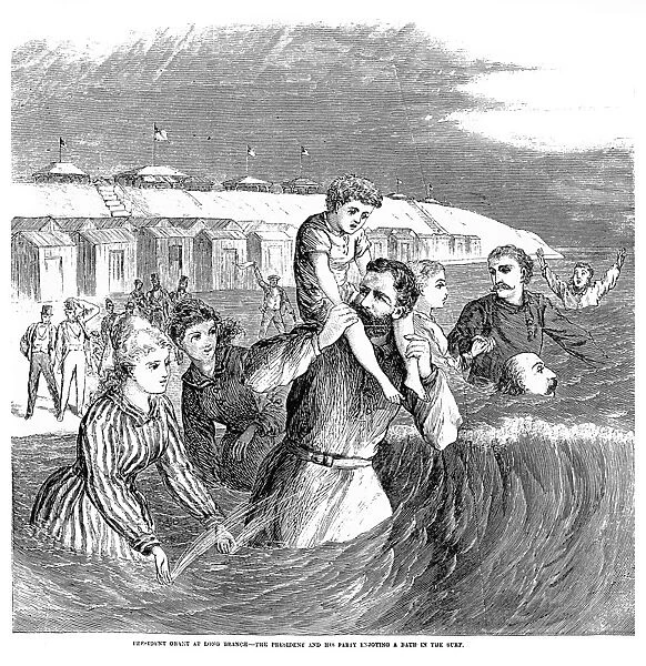 18th President of the United States. Bathing at Long Branch, New Jersey, in 1869. Wood engraving from a contemporary newspaper