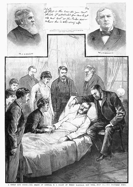 18th President of the United States. Grants death at Mount McGregor, New York, 23 July 1885, with portraits (top) of attending physician John H. Douglas (left) and Methodist Episcopal minister John Philip Newman. Contemporary American wood engravings. At top center is one of Grants last handwritten messages, dated 19 July