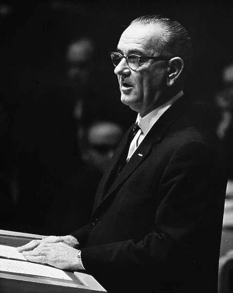 (1908-1973). 36th President of the United States. Johnson addressing the delegates to the eighteenth session of the General Assembly of the United Nations on 17 December 1963
