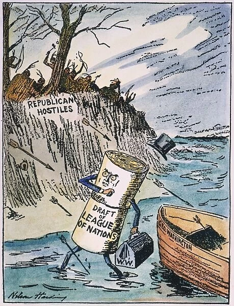 1919: contemporary cartoon by Nelson Harding depicting President Wilsons cherished League of Nations met by Republican hostilities upon reaching American shores