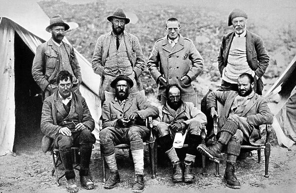 The 1921 British expedition to Mount Everest. Standing, from left: A. F. R. Wollaston, Charles Howard-Bury, Alexander Heron, Harold Raeburn. Seated, from left: George Mallory, Oliver Wheeler, Guy Bullock, and Henry T. Morshead
