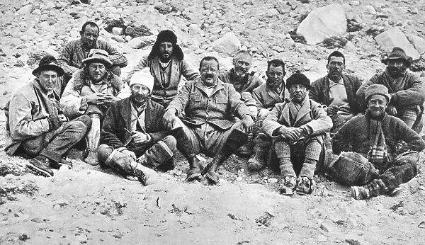The 1922 British expedition to Mount Everest. First row, from left: George Mallory, George Ingle Finch, Tom George Longstaff, C. Geoffrey Bruce, Edward L. Strutt, Colin Grant Crawford. Second row, from left: Henry T. Morshead, J. G. Bruce, Arthur William Wakefield, Howard Somervell, John Morris, and Edward F. Norton