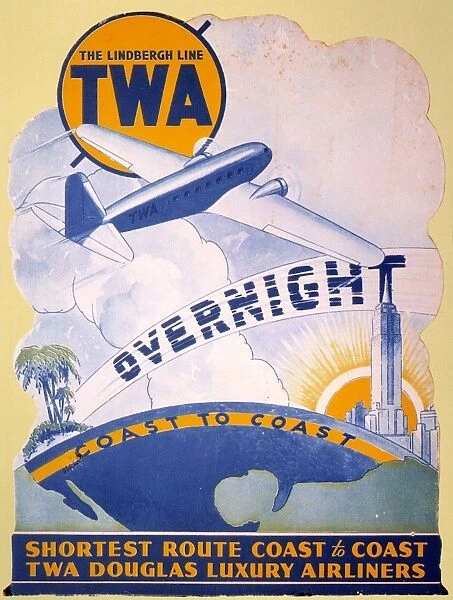 A 1934 Trans-World Airlines poster introducing the new Douglas DC-2 on transcontinental routes