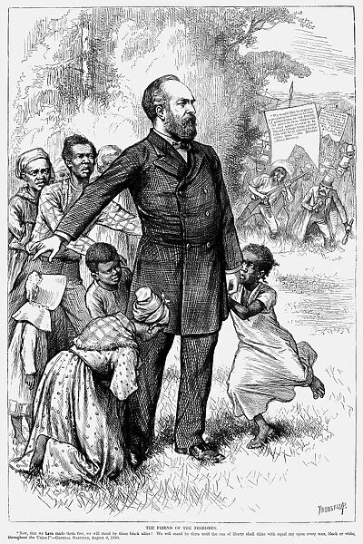 20th President of the United States. The Friend of the Freedmen. An 1880 cartoon published shortly before Garfields election to the Presidency