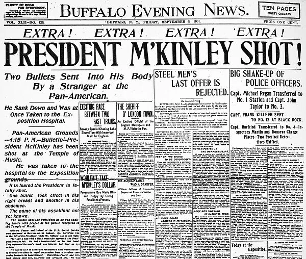25th President of the United States. Front page of the Buffalo Evening News reporting the assassination of President McKinley earlier that day, 6 September 1901