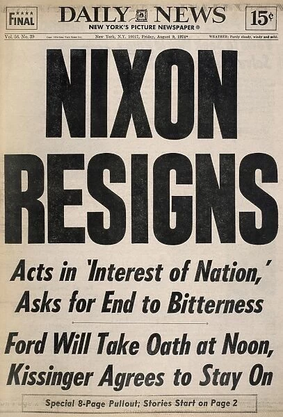 37th President of the United States. Front page of the New York Daily News, 9 August 1974, announcing the resignation of President Richard Nixon following the Watergate scandal