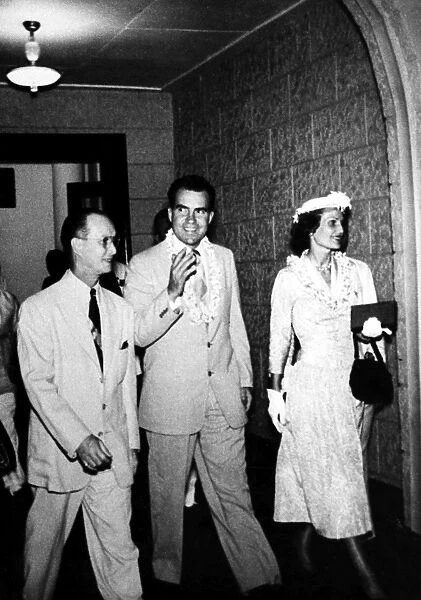 37th President of the United States. Vice President Nixon with his wife Patricia at a hotel. Photographed 1953