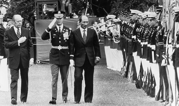 38th President of the United States. Ford with Egyptian President Anwar Sadat at the White House. Photographed 1975