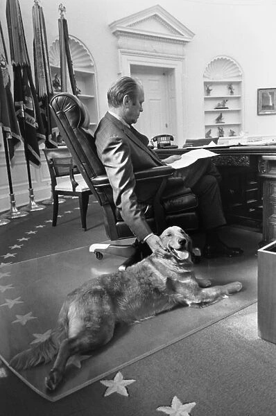 38th President of the United States. Photographed at his desk in the Oval Office of the White House, c1976