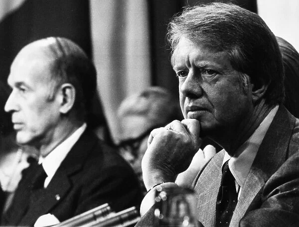 39th President of the United States. Carter photographed during a press conference at the Economic Summit in London, England, 1977. French President Valery Giscard d Estaing is seen in the background