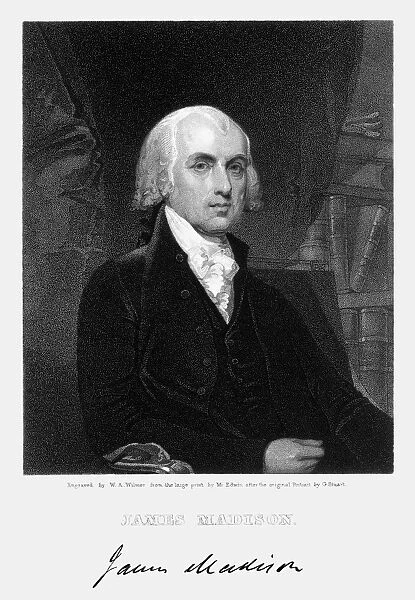 4th President of the United States. Stipple engraving, 1836, by W. A. Wilmer after a painting by Gilbert Stuart