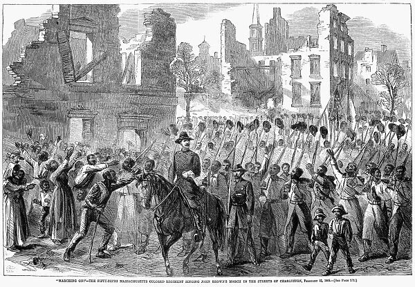 54th MASSACHUSETTS, 1865. The 54th Massachusetts Colored Regiment marching through Charleston, South Carolina, 21 February 1865, after the city was taken by Union forces in the American Civil War. Contemporary American wood engraving