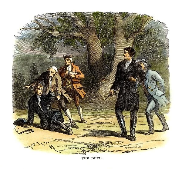 7th President of the United States. Jacksons fatal duel with Charles Dickenson on May 30, 1806: wood engraving, 19th century