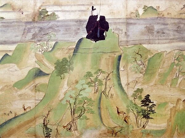 (845-903). Japanese scholar, poet, and politician of the Heian period. Having been banished, Michizane holds a bamboo stick bearing false charges against him atop Mt. Tempai-san. Detail of a scroll, c1219