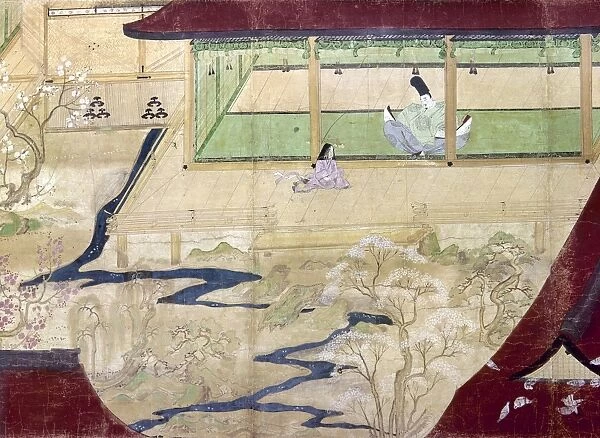 (845-903). Japanese scholar, poet, and politician of the Heian period. Michizane as a youth studying with his father in the familys formal Japanese garden. Detail of a scroll, c1219