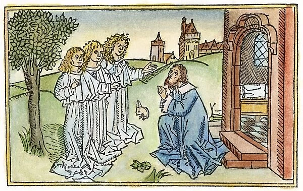 ABRAHAM & THREE ANGELS. (Genesis 18: 1-8). Woodcut from the Cologne Bible, 1478-80
