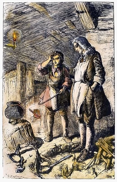 ABRAHAM DARBY (1678-1717). English ironmaster. Darby at his forge and the discovery of cast iron