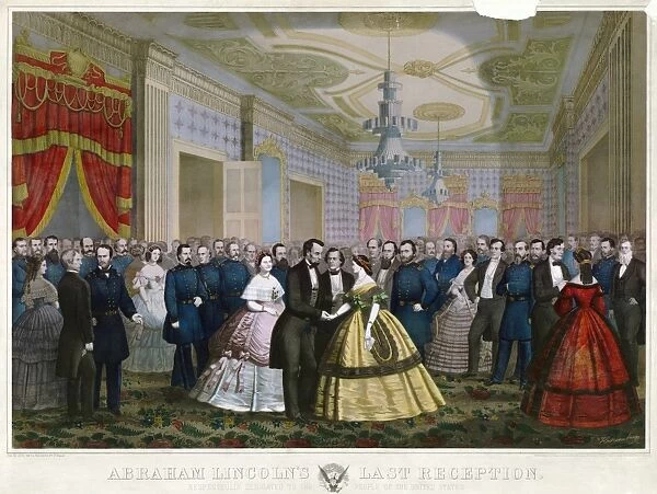 ABRAHAM LINCOLN (1809-1865). 16th President of the United States. Lincolns last reception on the night of his second inauguration, 4 March 1865. American lithograph, 1865, by Anton Hohenstein