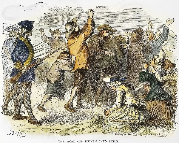 ACADIAN EXPULSION, 1775. The Acadians driven into exile. The expulsion of the French settlers of Acadia, Canada, by the British in 1755. Color engraving, 19th century