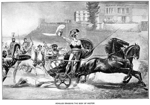 ACHILLES. Achilles dragging the body of Hector. Book illustration, American, c1900