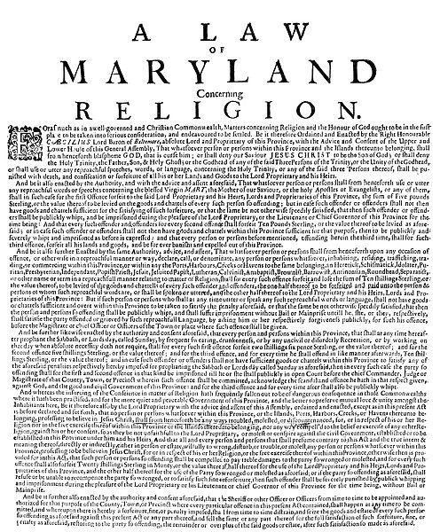 ACT OF TOLERATION, 1649. The Act of Toleration, passed by the Province of Maryland in 1649