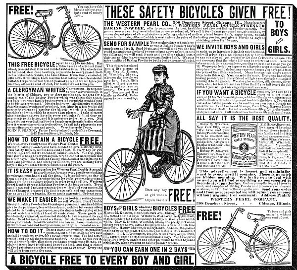 ADVERTISEMENT, 1891. American magazine advertisement, 1891, for a baking powder company, offering a free bicycle to every child who orders 150 cans of baking powder