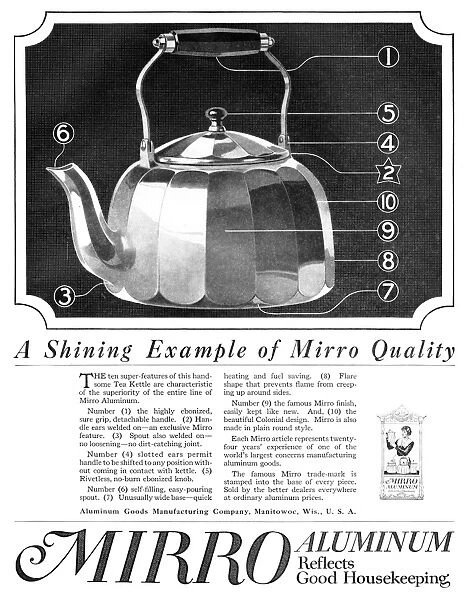 AD: ALUMINUM, 1918. American advertisement for Mirro Aluminum. Illustration, 1918
