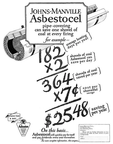 AD: ASBESTOCEL, 1927. American advertisement for Asbestocel Pipe Coverings, 1927