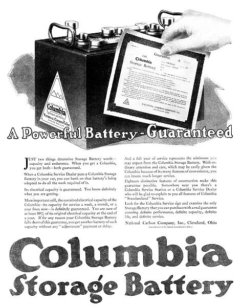 AD: BATTERY, 1918. American advertisement for the Columbia Storage Battery. Illustration