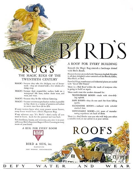 AD: BIRD & SON, 1927. American advertisement for Bird & Sons Rugs and Roofs, 1927