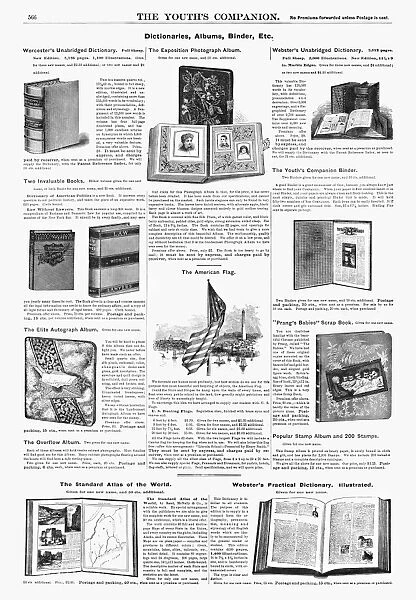 ADVERTISEMENT: BOOKS, 1890. American magazine advertisement for Dictionaries, Albums