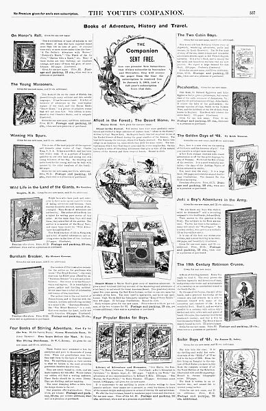 ADVERTISEMENT: BOOKS, 1890. American magazine advertisements for books of Adventure