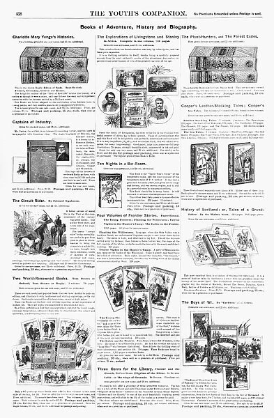 ADVERTISEMENT: BOOKS, 1890. American magazine advertisements for books of Adventure