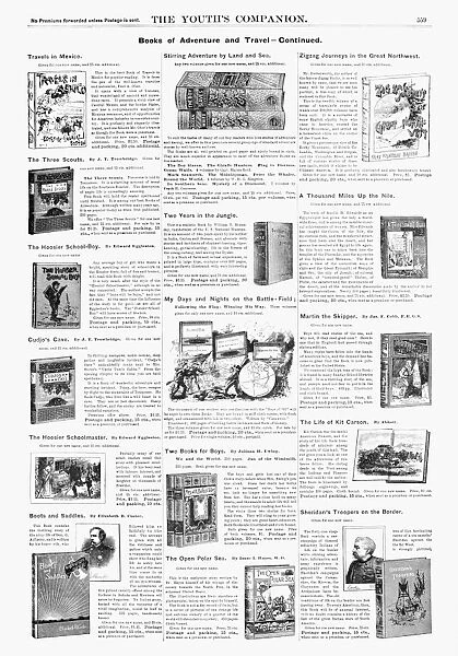 ADVERTISEMENT: BOOKS, 1890. American magazine advertisements for books of Adventure and Travel