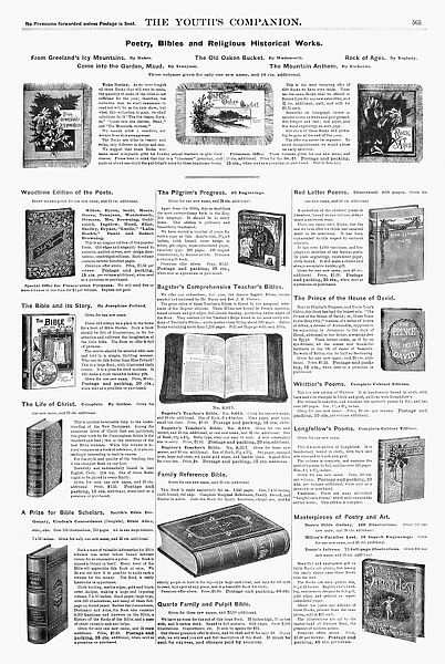 ADVERTISEMENT: BOOKS, 1890. American magazine advertisements for Poetry, Bibles