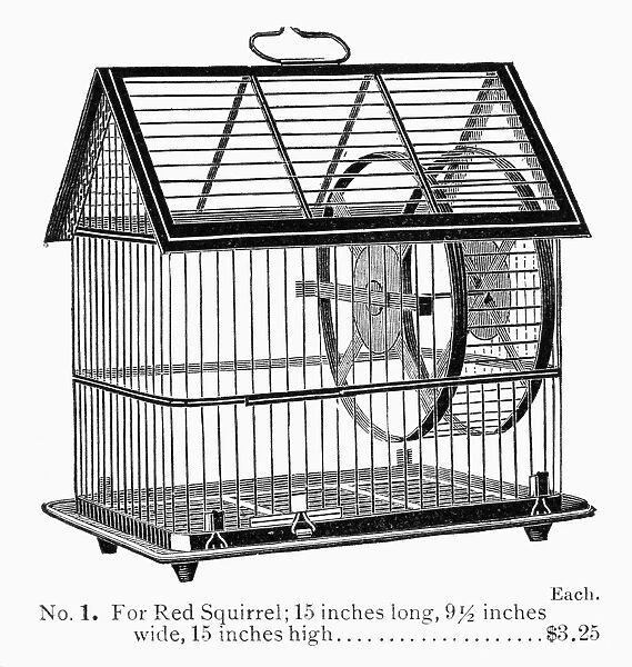 ADVERTISEMENT: CAGES. Cages for pet mice and squirrels. Engraving from an American catalog