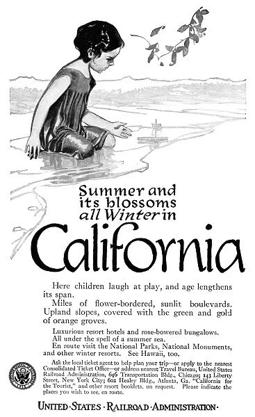 AD: CALIFORNIA, 1919. American advertisement for vacationing in California, 1919