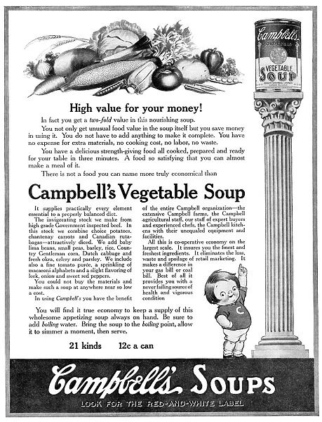 AD: CAMPBELLs SOUP, 1918. American advertisement for Campbells Vegetable Soup