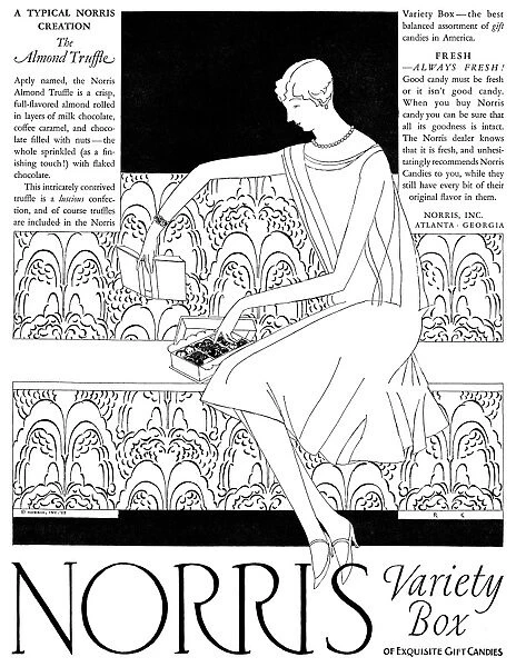 AD: CANDY, 1927. American advertisement for the Norris Variety Box, 1927