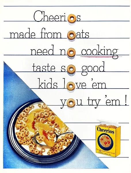 Advertisement for Cheerios ready-to-eat oat breakfast cereal, from an American magazine of 1955