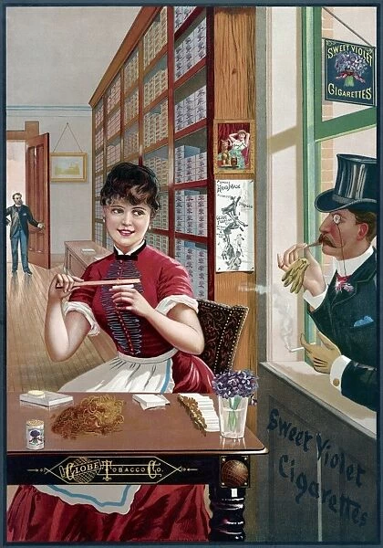 AD: CIGARETTES, c1886. Advertisement for Sweet Violet cigarettes. Lithograph, c1886