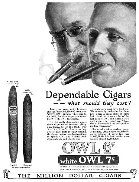 AD: CIGARS, 1918. American advertisement for Owl and White Owl Cigars. Illustration
