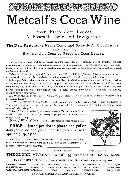 Advertisement for coca wine from an American magazine of 1879