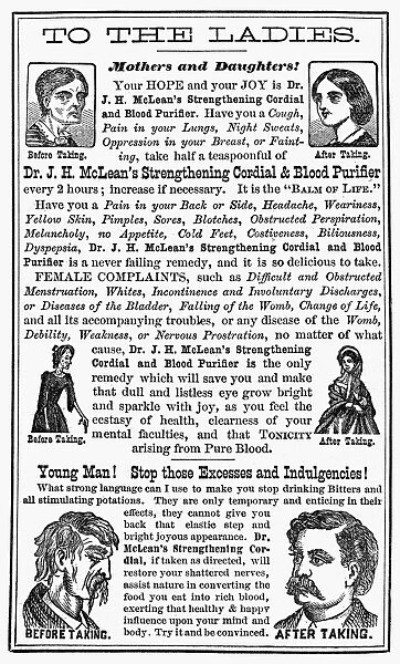 Advertisement for Dr. J. H. McLeans Strengthening Cordial and Blood Purifier from his Family Almanac, 1874