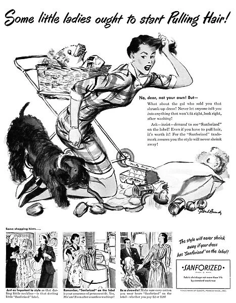 AD: FABRIC, 1948. American advertisement for Sanforized fabrics. Illustration, 1948