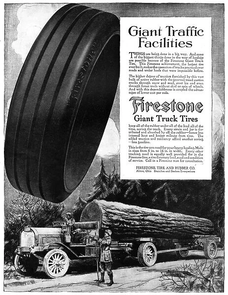 AD: FIRESTONE, 1918. American advertisement for Firestone Giant Truck Tires. Illustration