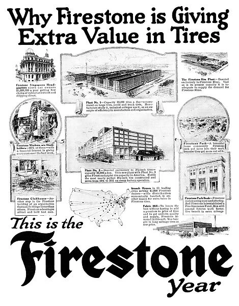 AD: FIRESTONE, 1919. American advertisement for Firestone Tires, 1919